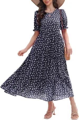 2025 Womens Boho Floral Maxi Dress Flowy Beach Loose Long Dresses for Vocation