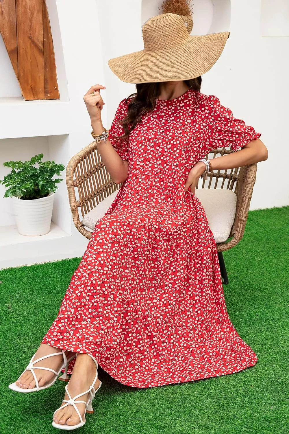 2025 Womens Boho Floral Maxi Dress Flowy Beach Loose Long Dresses for Vocation