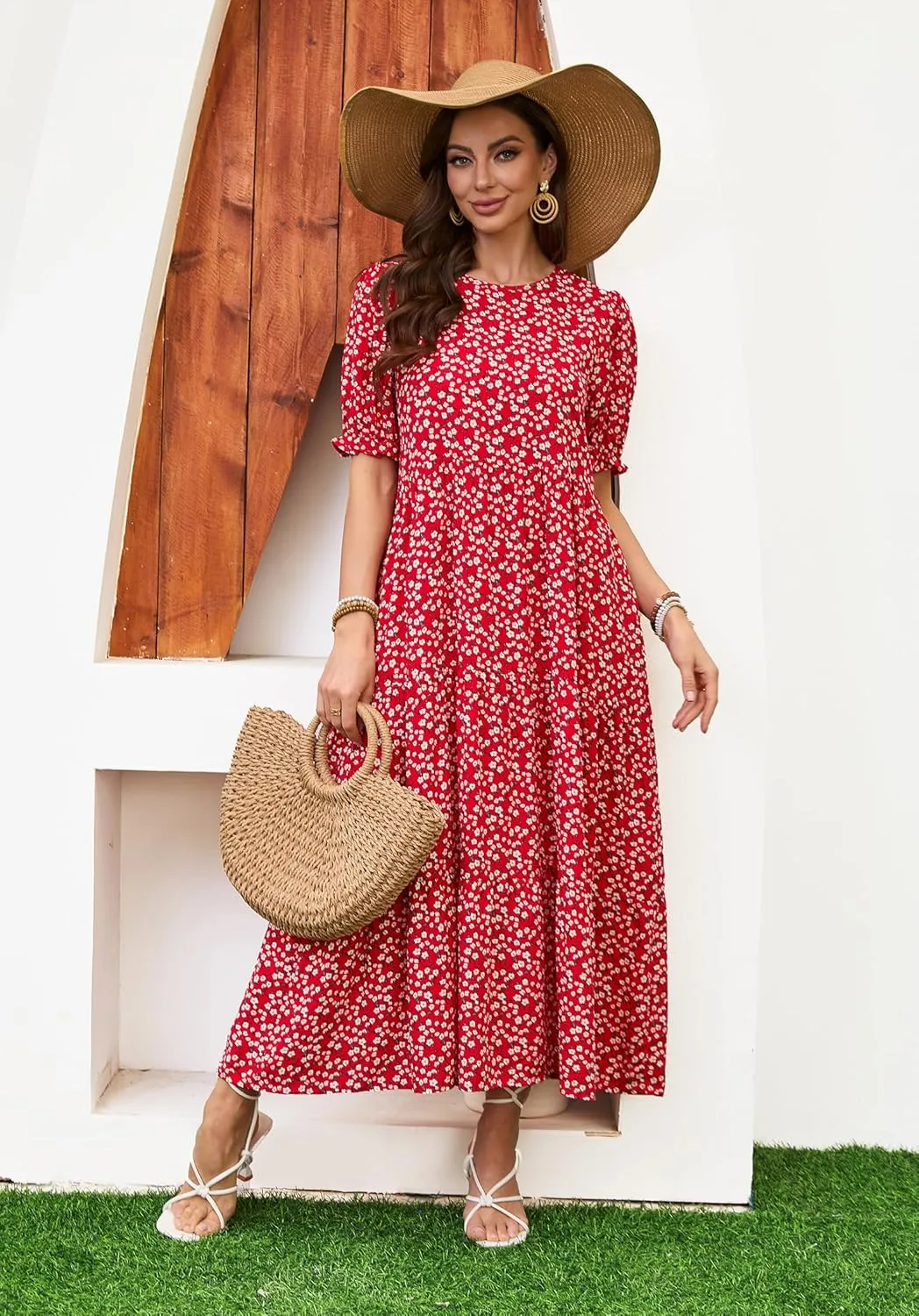 2025 Womens Boho Floral Maxi Dress Flowy Beach Loose Long Dresses for Vocation