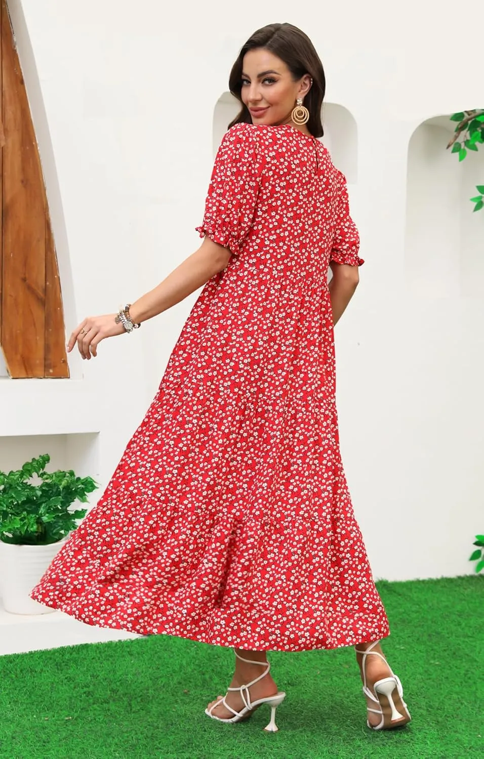 2025 Womens Boho Floral Maxi Dress Flowy Beach Loose Long Dresses for Vocation