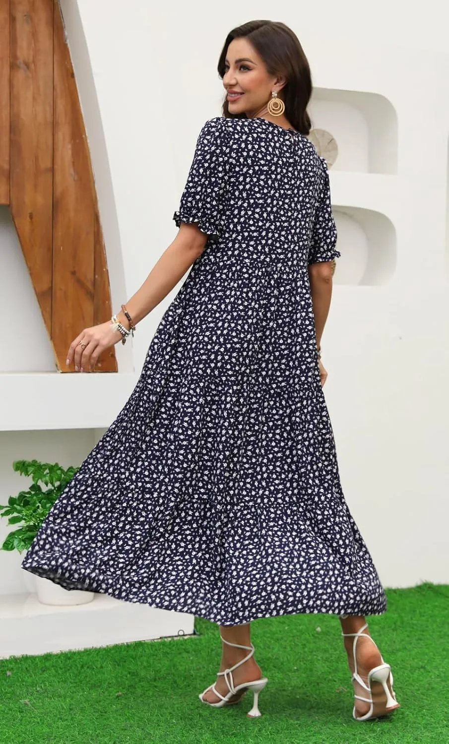 2025 Womens Boho Floral Maxi Dress Flowy Beach Loose Long Dresses for Vocation