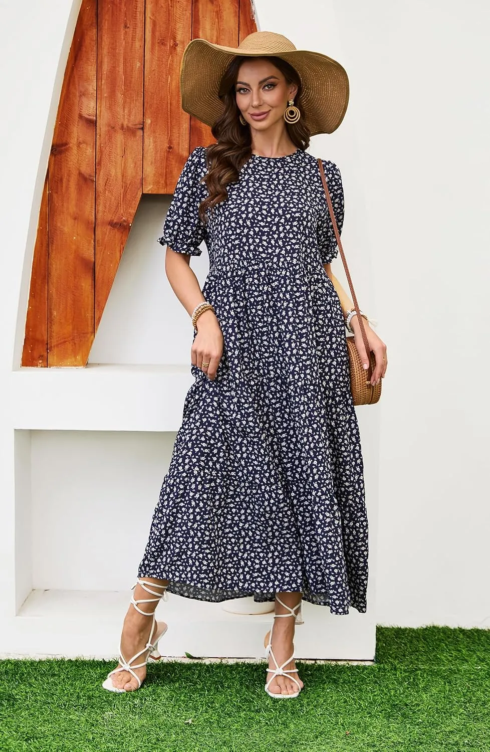2025 Womens Boho Floral Maxi Dress Flowy Beach Loose Long Dresses for Vocation