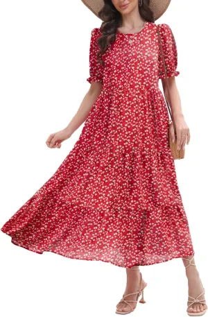 2025 Womens Boho Floral Maxi Dress Flowy Beach Loose Long Dresses for Vocation