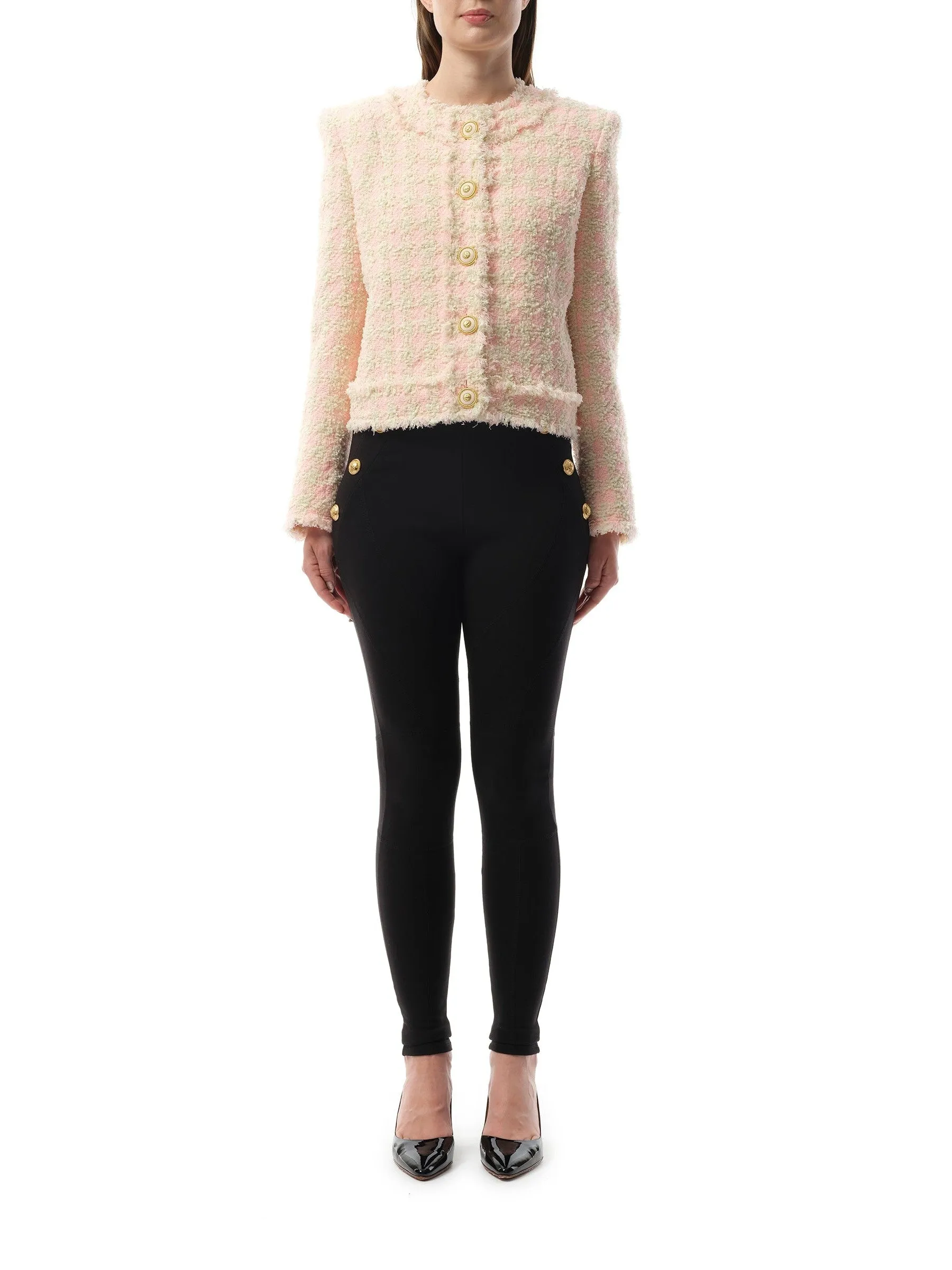5 Button Collarless Tweed Jacket in Rose/Beige