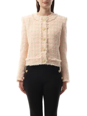 5 Button Collarless Tweed Jacket in Rose/Beige