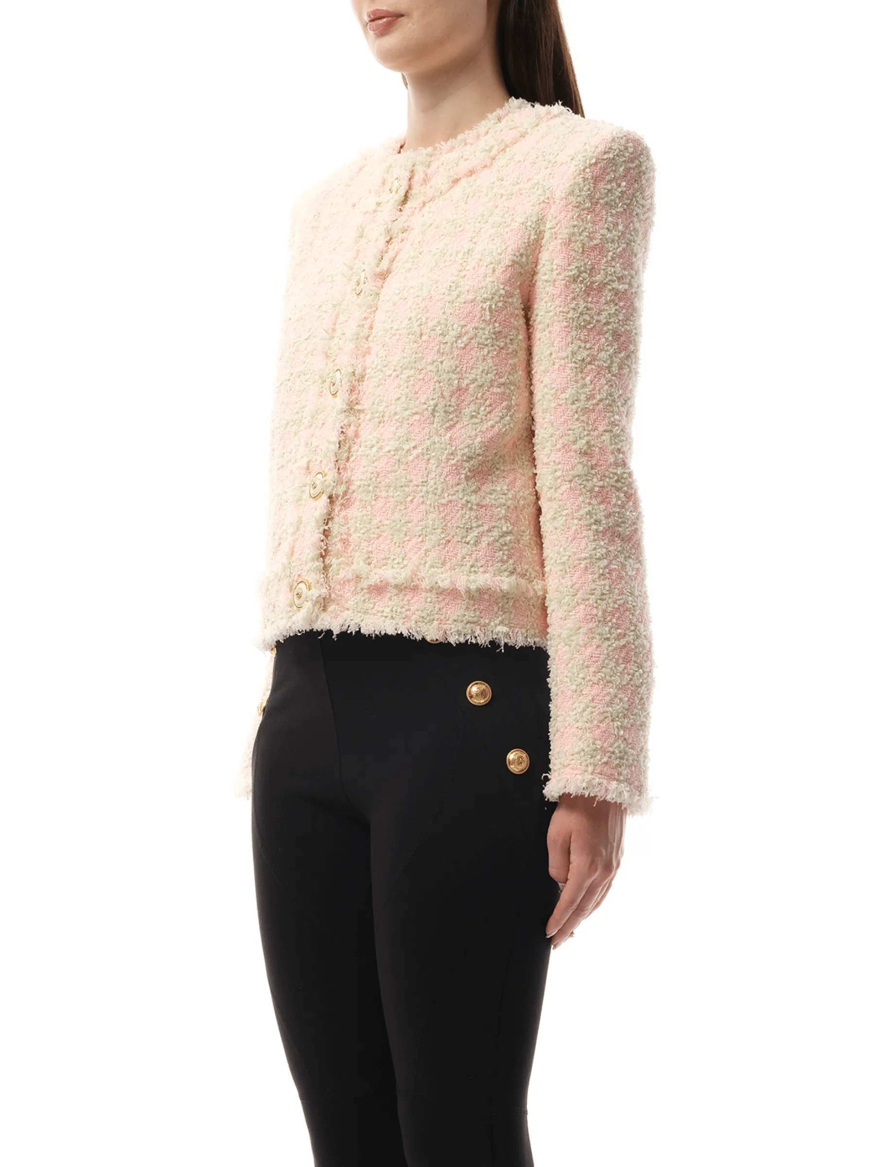 5 Button Collarless Tweed Jacket in Rose/Beige