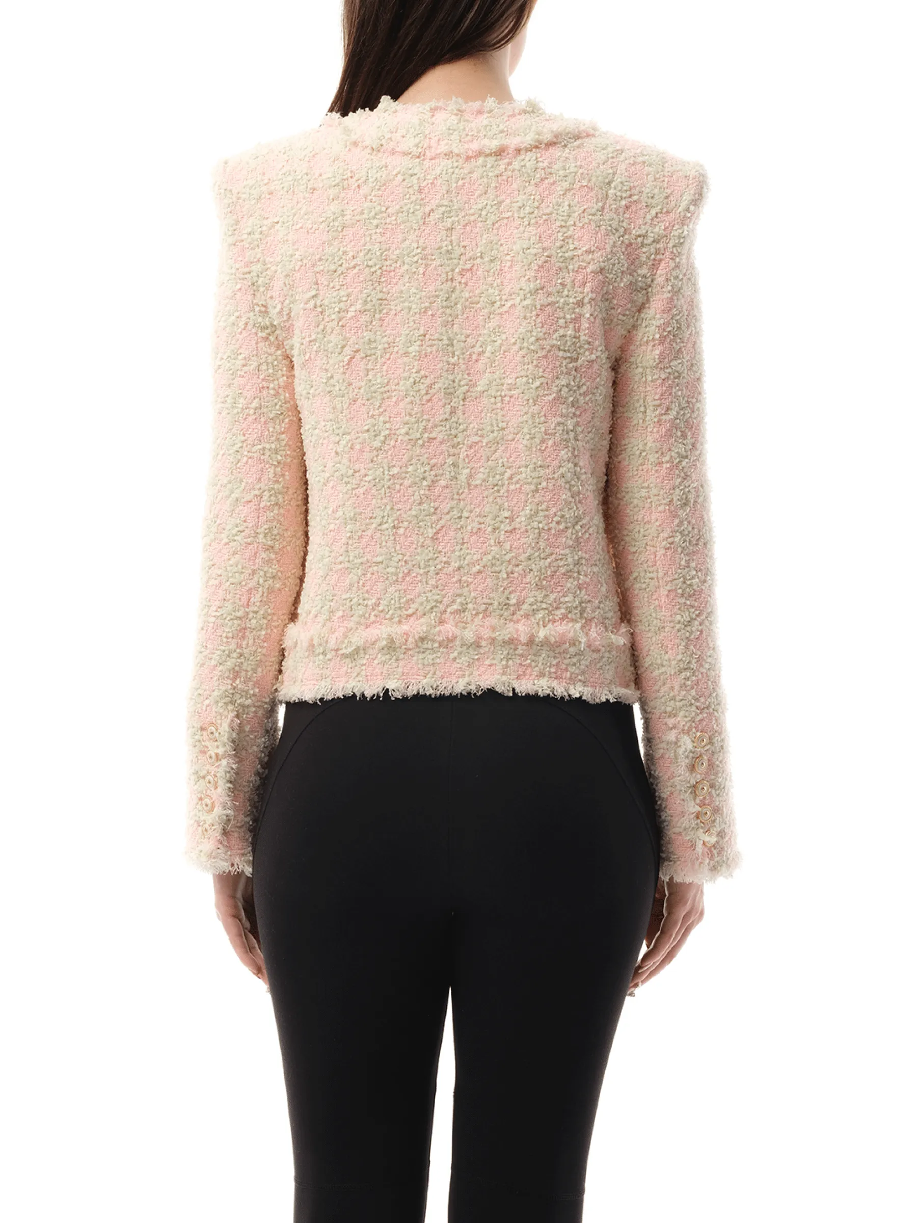 5 Button Collarless Tweed Jacket in Rose/Beige