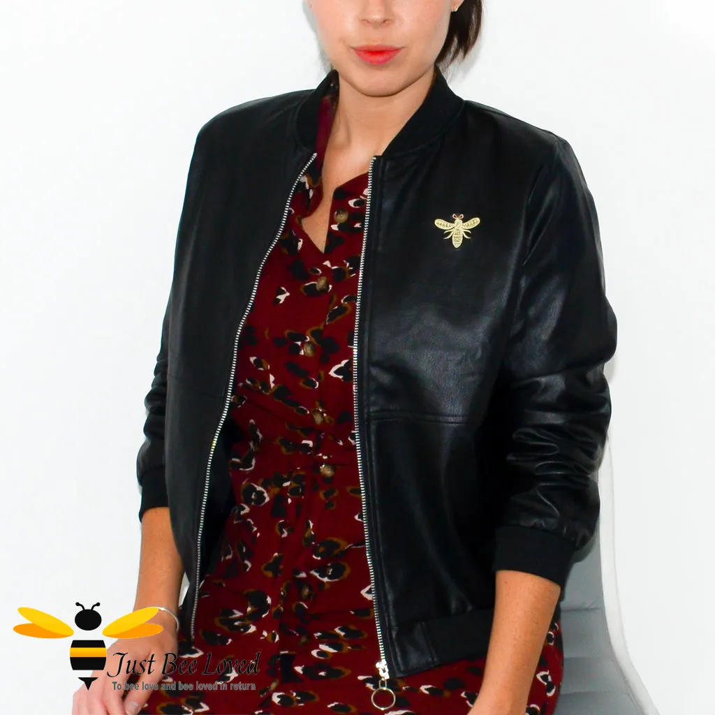 Black Faux Leather Bomber Biker Bee Jacket - Sizes 6-16UK