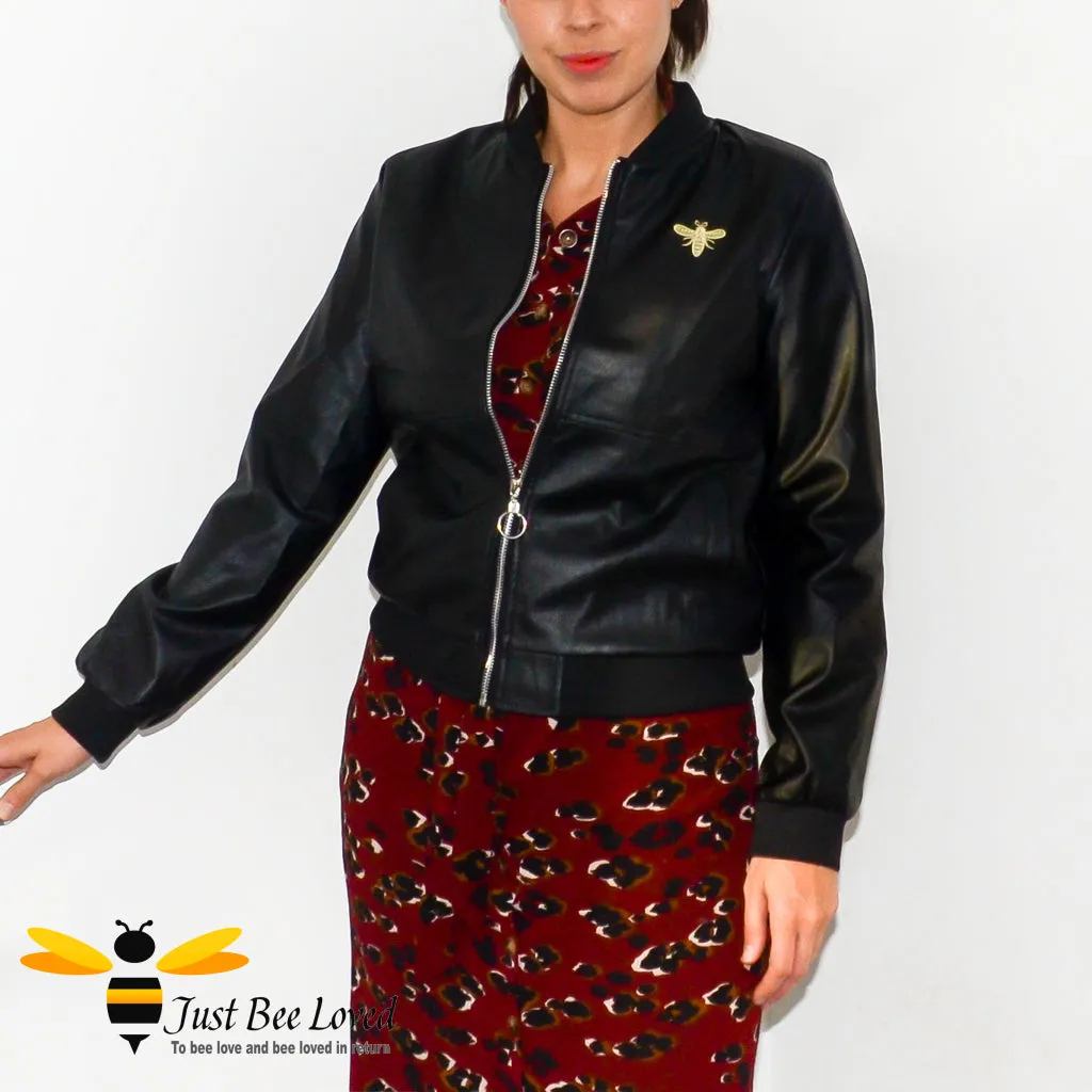 Black Faux Leather Bomber Biker Bee Jacket - Sizes 6-16UK