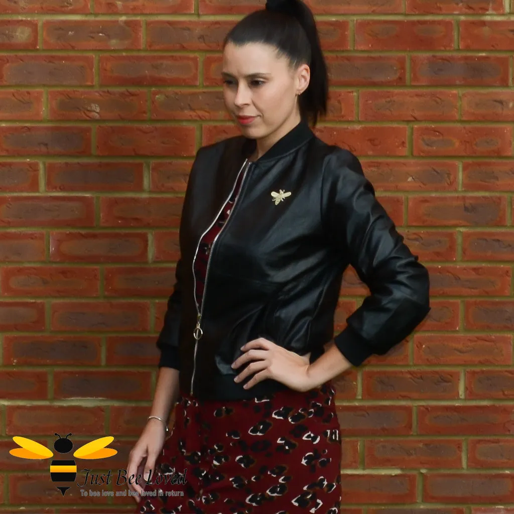 Black Faux Leather Bomber Biker Bee Jacket - Sizes 6-16UK