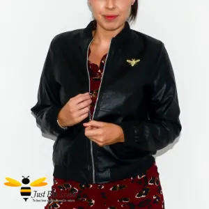 Black Faux Leather Bomber Biker Bee Jacket - Sizes 6-16UK