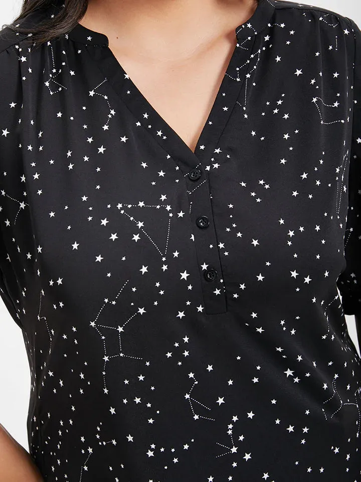 BLOOMCHIC BLACK BLOUSE WITH STARS PRINTED V NECK SHORT SLEEVE