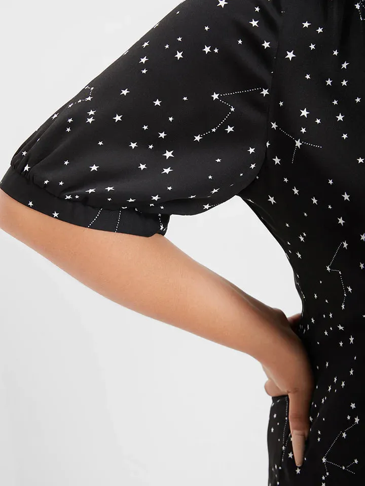 BLOOMCHIC BLACK BLOUSE WITH STARS PRINTED V NECK SHORT SLEEVE