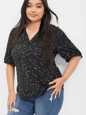 BLOOMCHIC BLACK BLOUSE WITH STARS PRINTED V NECK SHORT SLEEVE