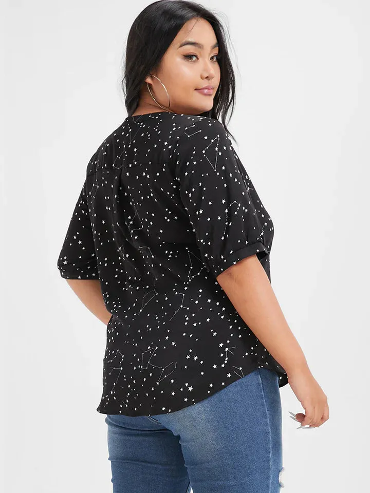 BLOOMCHIC BLACK BLOUSE WITH STARS PRINTED V NECK SHORT SLEEVE