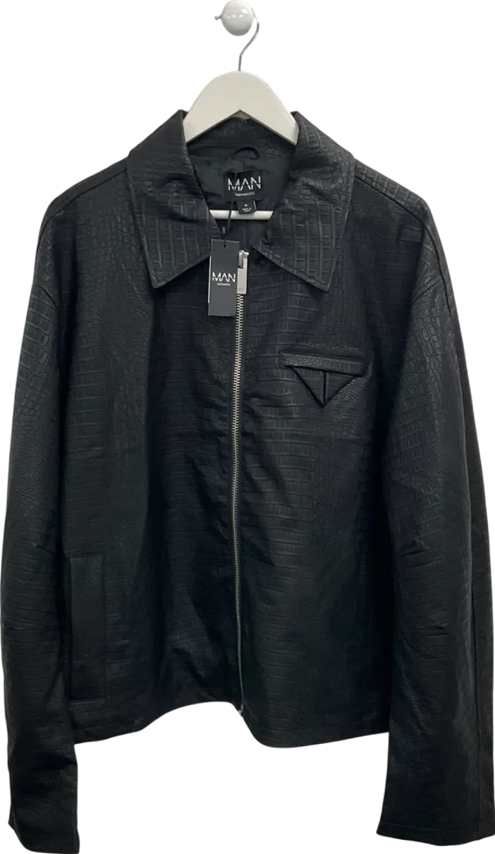 boohooMan Black Boxy Textured Pu Collared Bomber Jacket UK XL