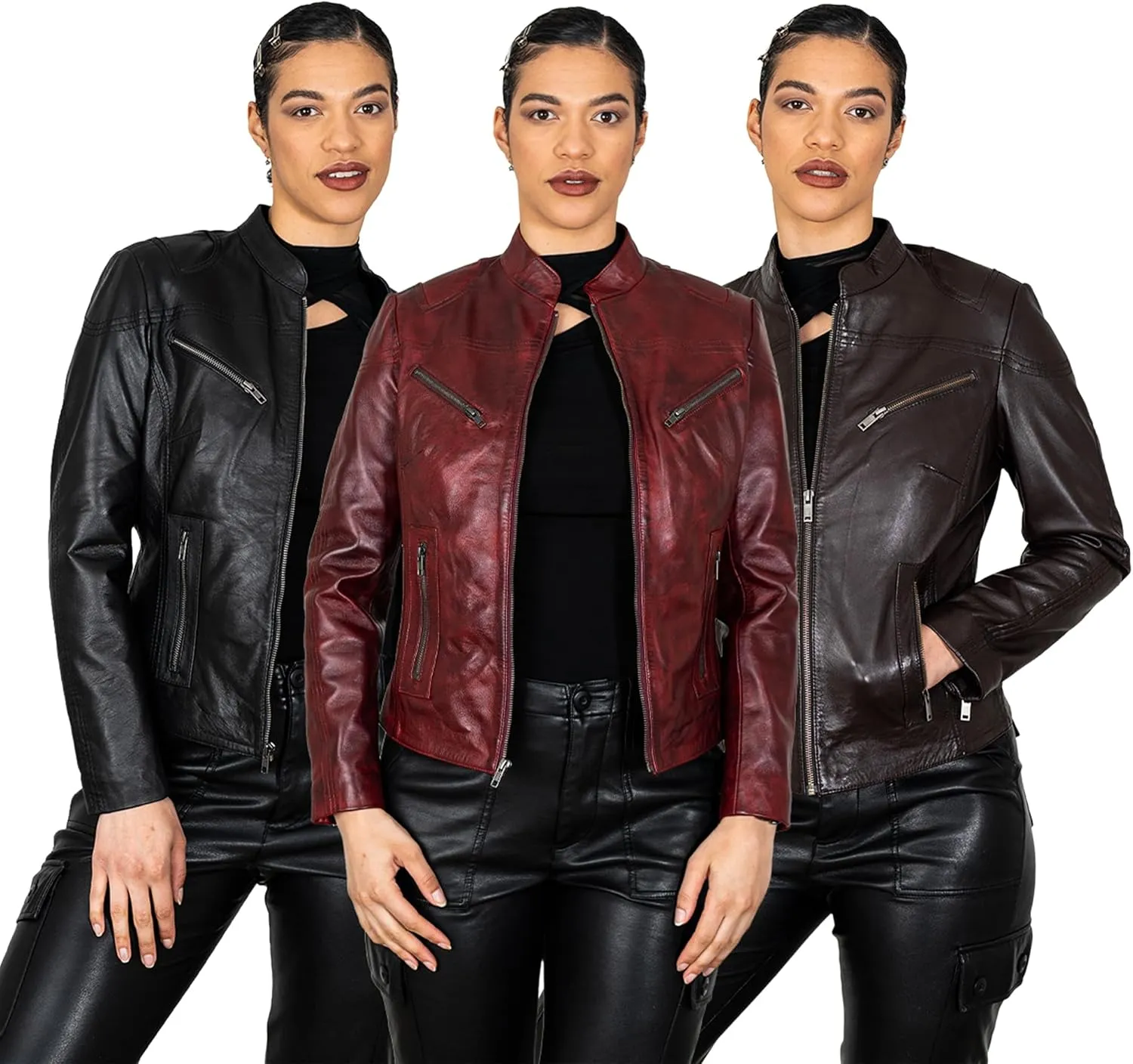 BRICK LANE Mandarin Collar Fitted Leather Jacket for Women | Genuine Lamb Nappa Leather Jacket with Zip Pockets