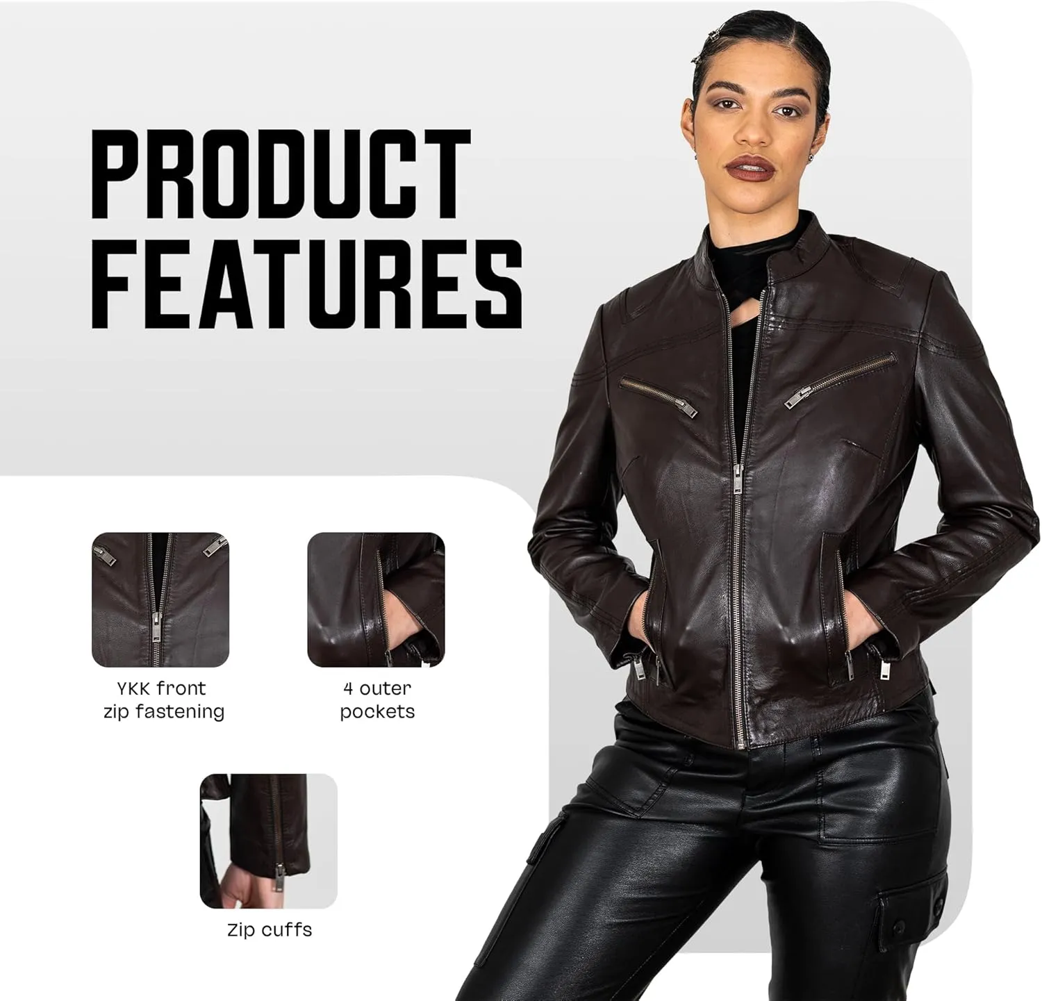 BRICK LANE Mandarin Collar Fitted Leather Jacket for Women | Genuine Lamb Nappa Leather Jacket with Zip Pockets