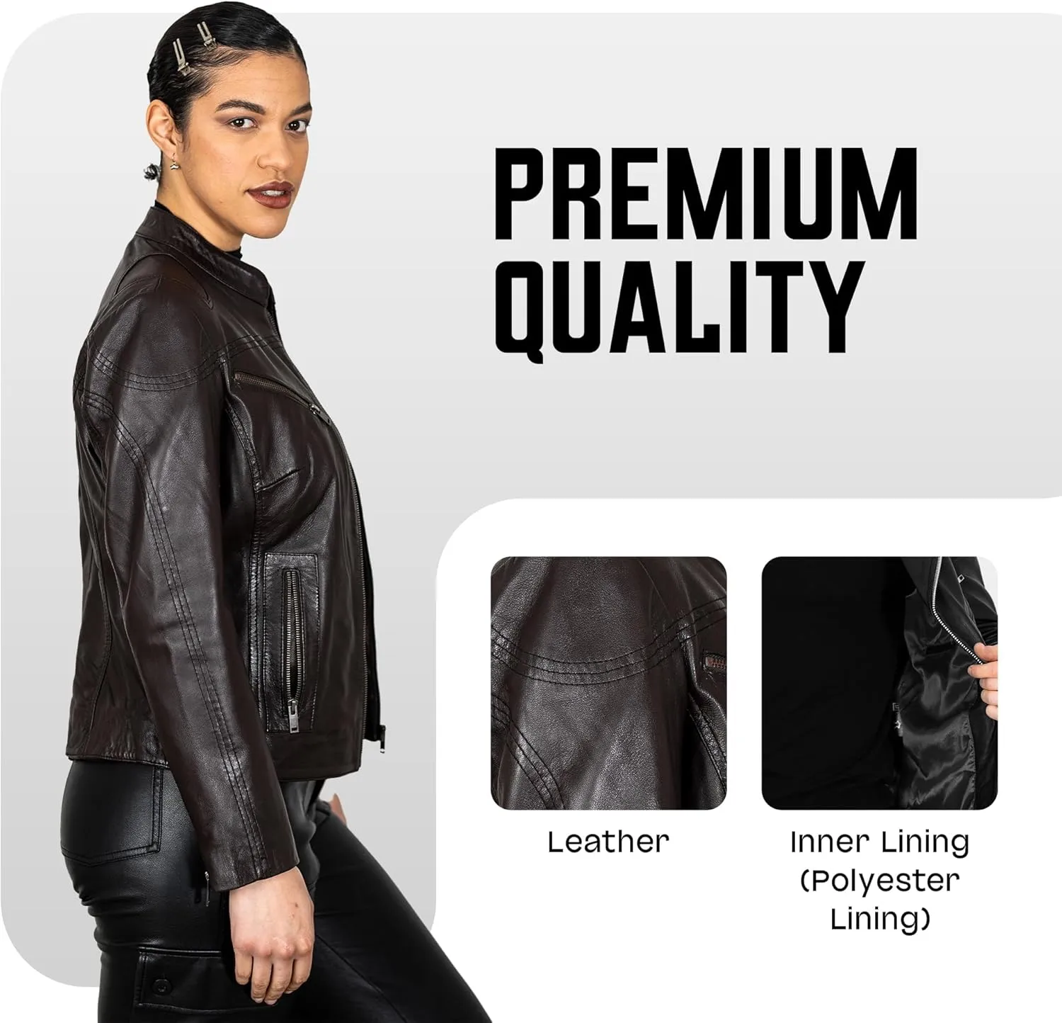 BRICK LANE Mandarin Collar Fitted Leather Jacket for Women | Genuine Lamb Nappa Leather Jacket with Zip Pockets