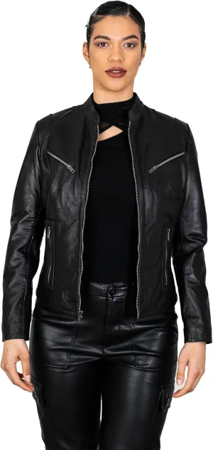 BRICK LANE Mandarin Collar Fitted Leather Jacket for Women | Genuine Lamb Nappa Leather Jacket with Zip Pockets