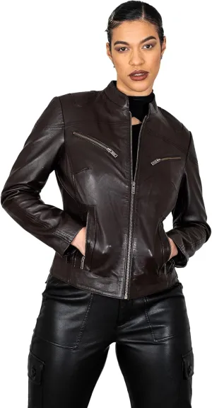 BRICK LANE Mandarin Collar Fitted Leather Jacket for Women | Genuine Lamb Nappa Leather Jacket with Zip Pockets