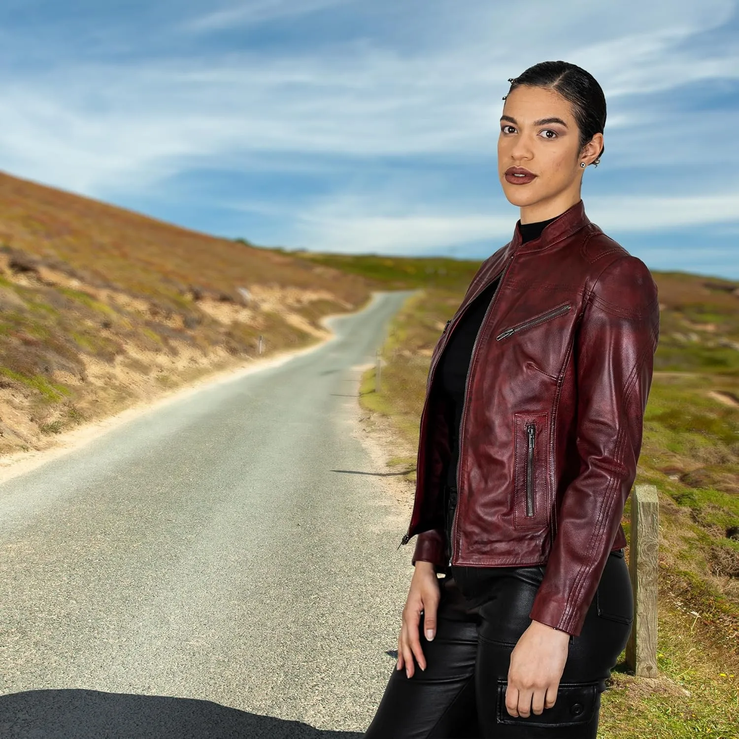 BRICK LANE Mandarin Collar Fitted Leather Jacket for Women | Genuine Lamb Nappa Leather Jacket with Zip Pockets