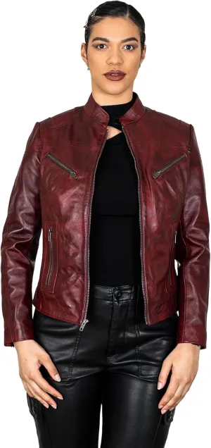 BRICK LANE Mandarin Collar Fitted Leather Jacket for Women | Genuine Lamb Nappa Leather Jacket with Zip Pockets