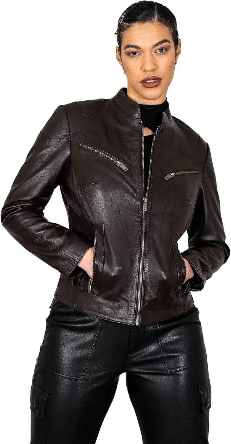 BRICK LANE Mandarin Collar Fitted Leather Jacket for Women | Genuine Lamb Nappa Leather Jacket with Zip Pockets