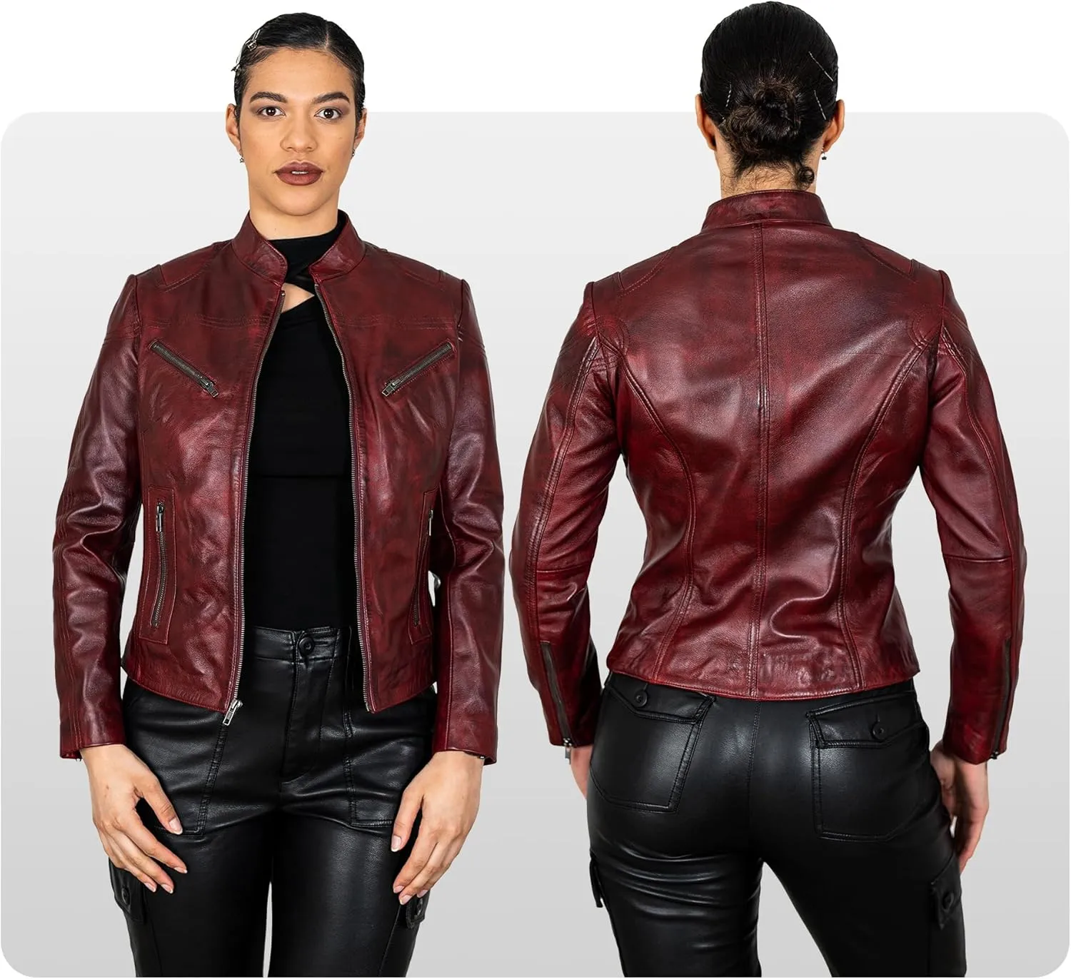 BRICK LANE Mandarin Collar Fitted Leather Jacket for Women | Genuine Lamb Nappa Leather Jacket with Zip Pockets
