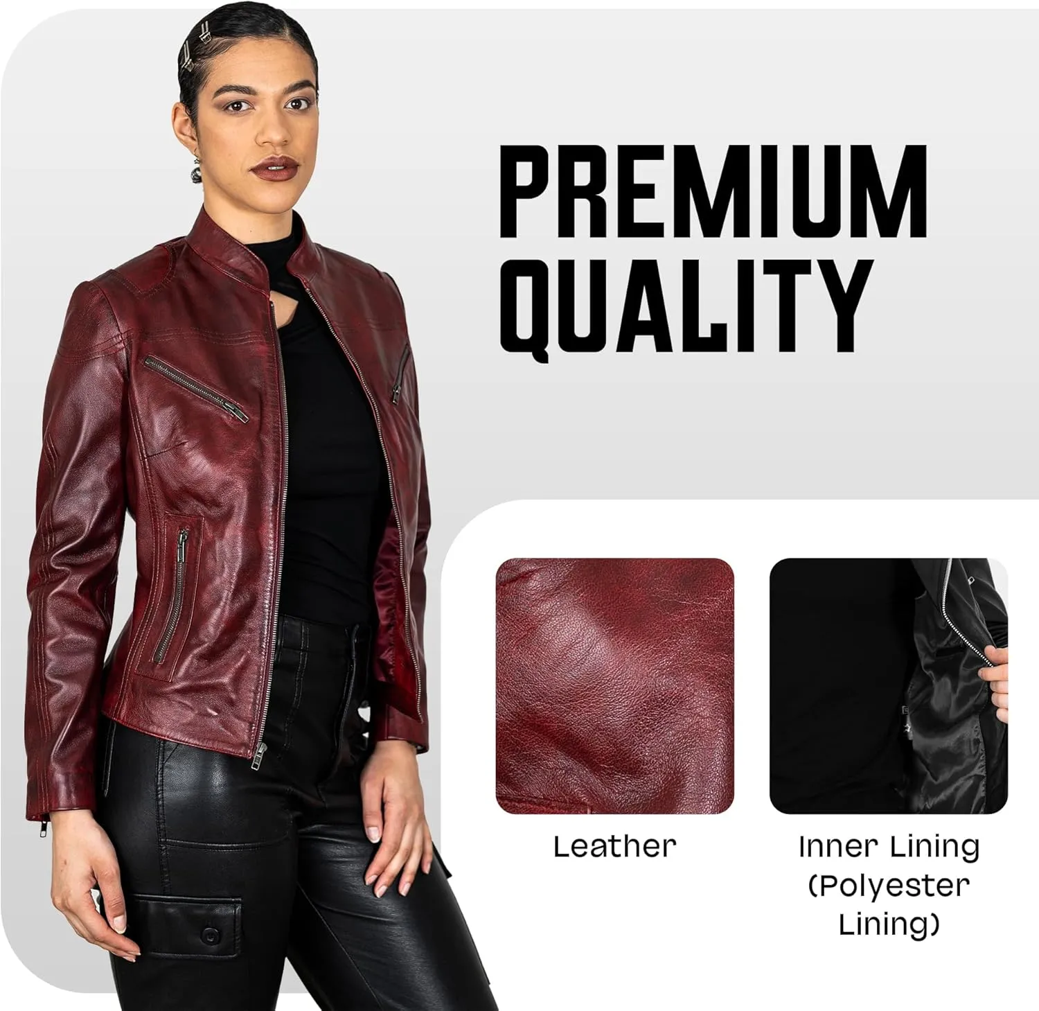 BRICK LANE Mandarin Collar Fitted Leather Jacket for Women | Genuine Lamb Nappa Leather Jacket with Zip Pockets