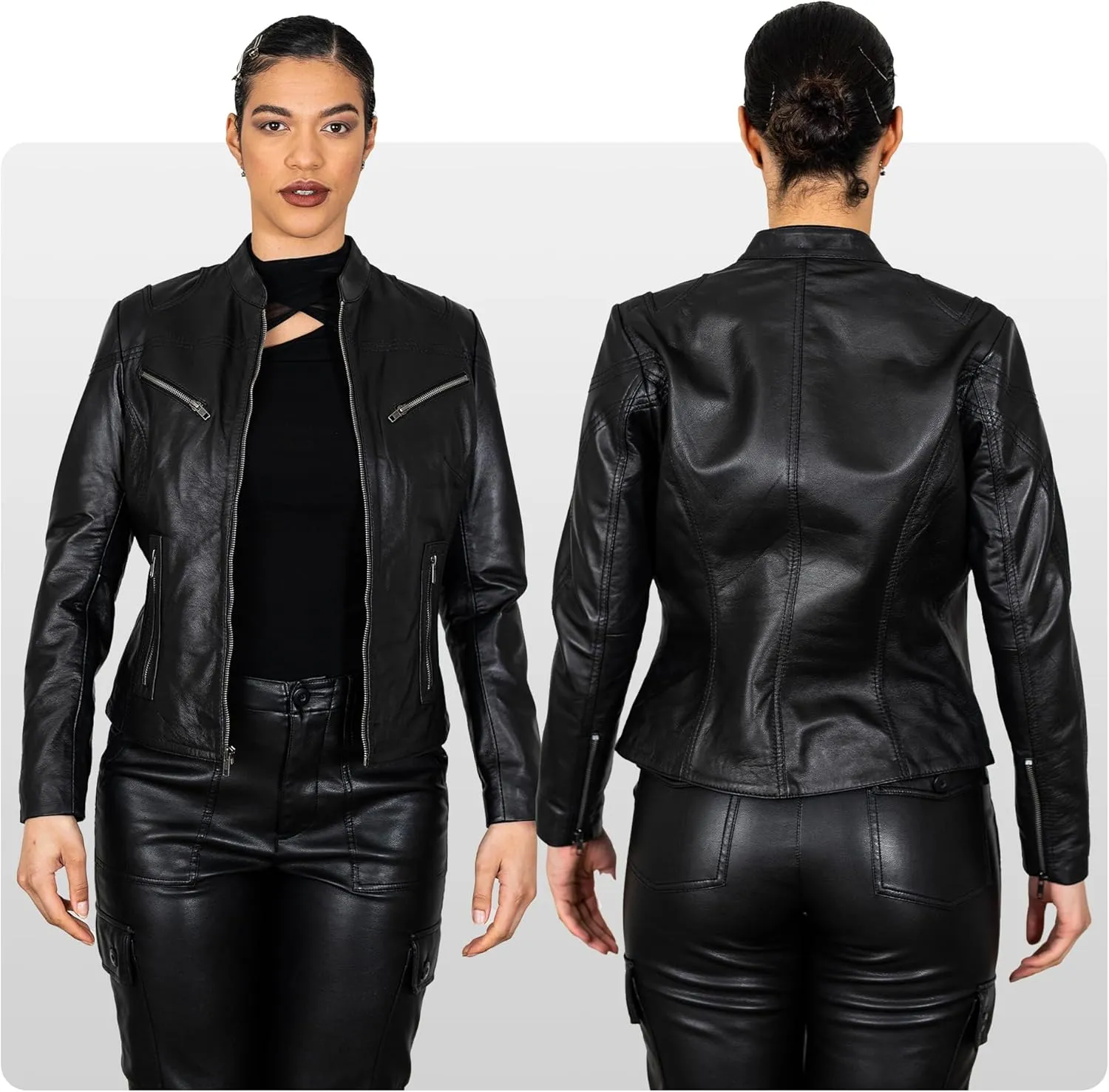 BRICK LANE Mandarin Collar Fitted Leather Jacket for Women | Genuine Lamb Nappa Leather Jacket with Zip Pockets