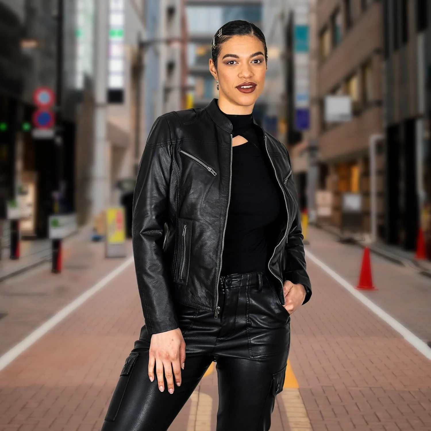 BRICK LANE Mandarin Collar Fitted Leather Jacket for Women | Genuine Lamb Nappa Leather Jacket with Zip Pockets