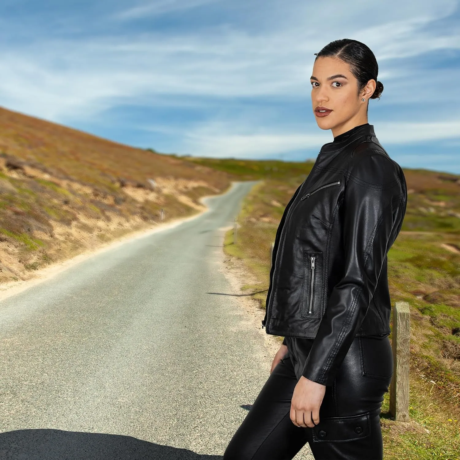 BRICK LANE Mandarin Collar Fitted Leather Jacket for Women | Genuine Lamb Nappa Leather Jacket with Zip Pockets