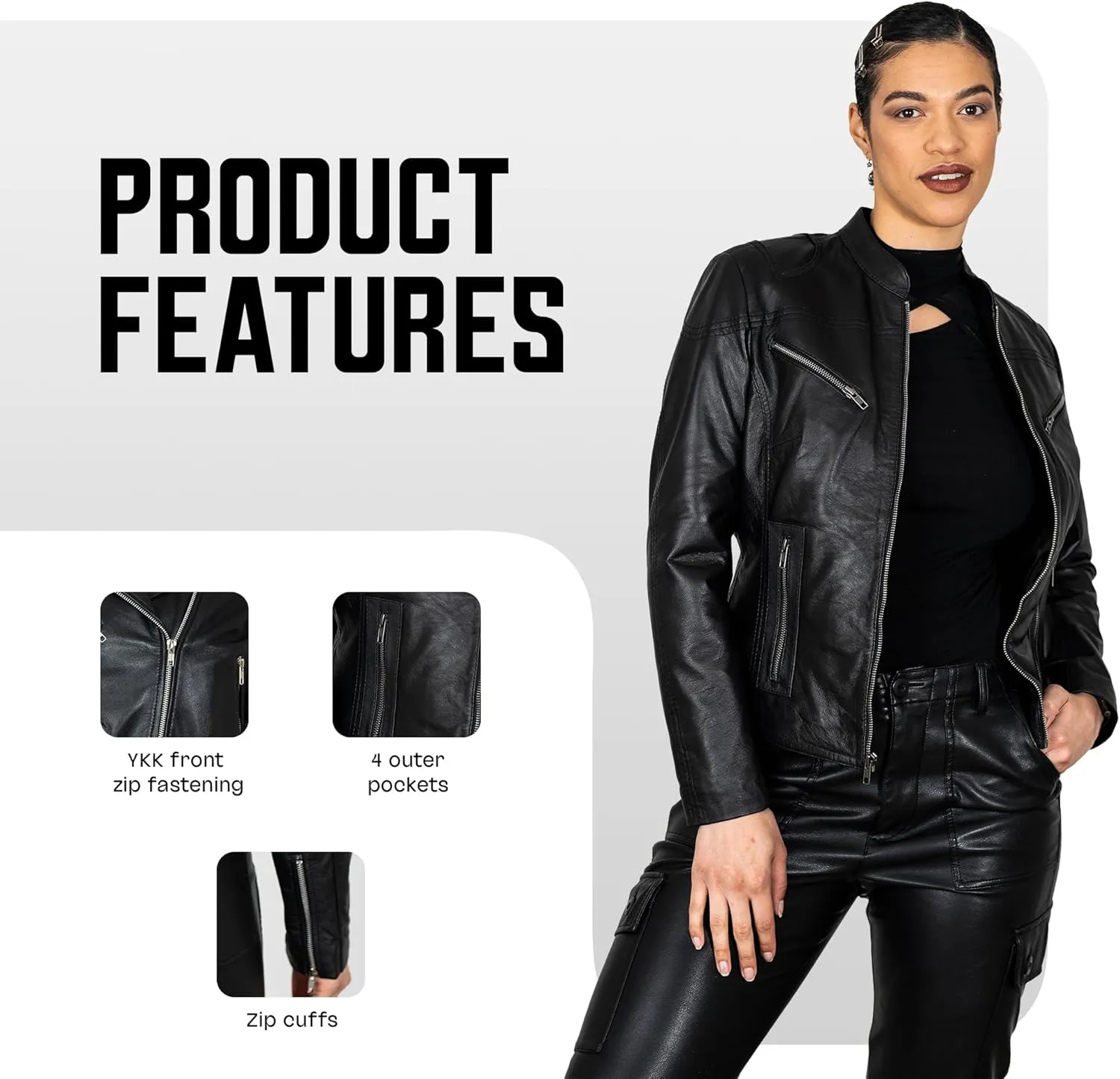 BRICK LANE Mandarin Collar Fitted Leather Jacket for Women | Genuine Lamb Nappa Leather Jacket with Zip Pockets