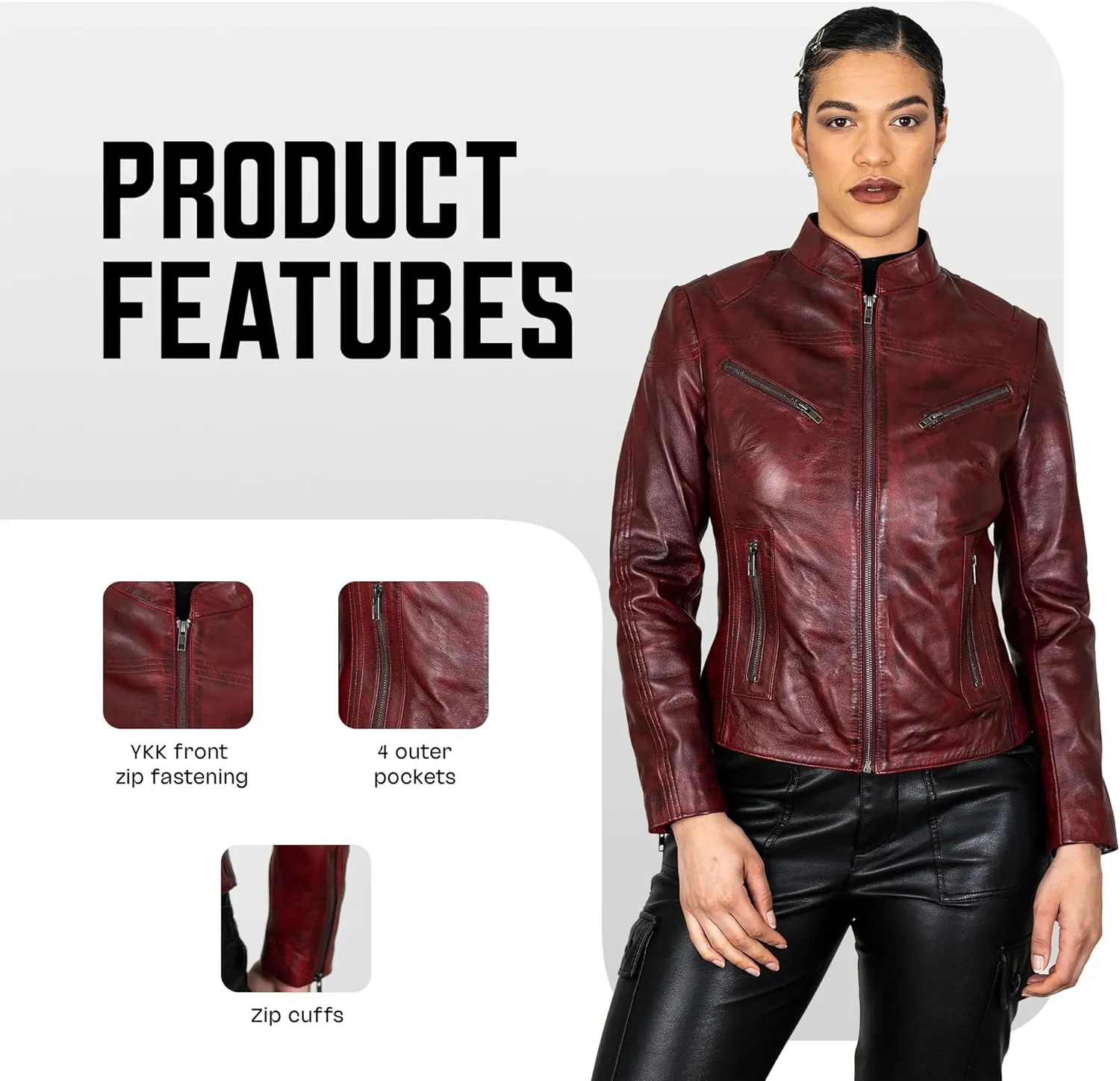 BRICK LANE Mandarin Collar Fitted Leather Jacket for Women | Genuine Lamb Nappa Leather Jacket with Zip Pockets