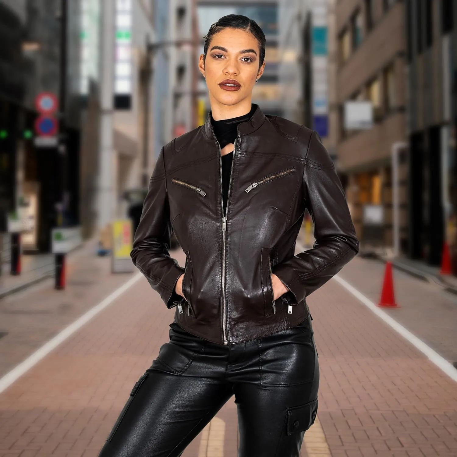 BRICK LANE Mandarin Collar Fitted Leather Jacket for Women | Genuine Lamb Nappa Leather Jacket with Zip Pockets