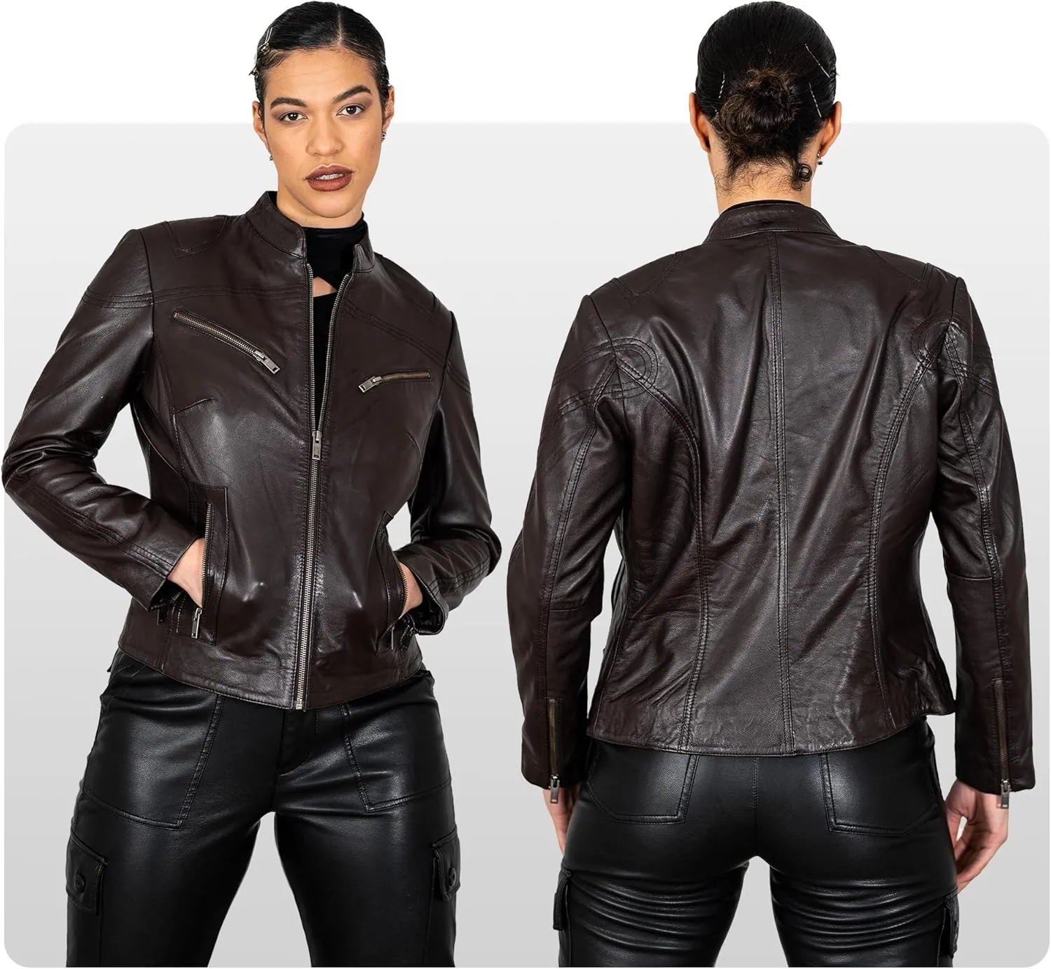 BRICK LANE Mandarin Collar Fitted Leather Jacket for Women | Genuine Lamb Nappa Leather Jacket with Zip Pockets