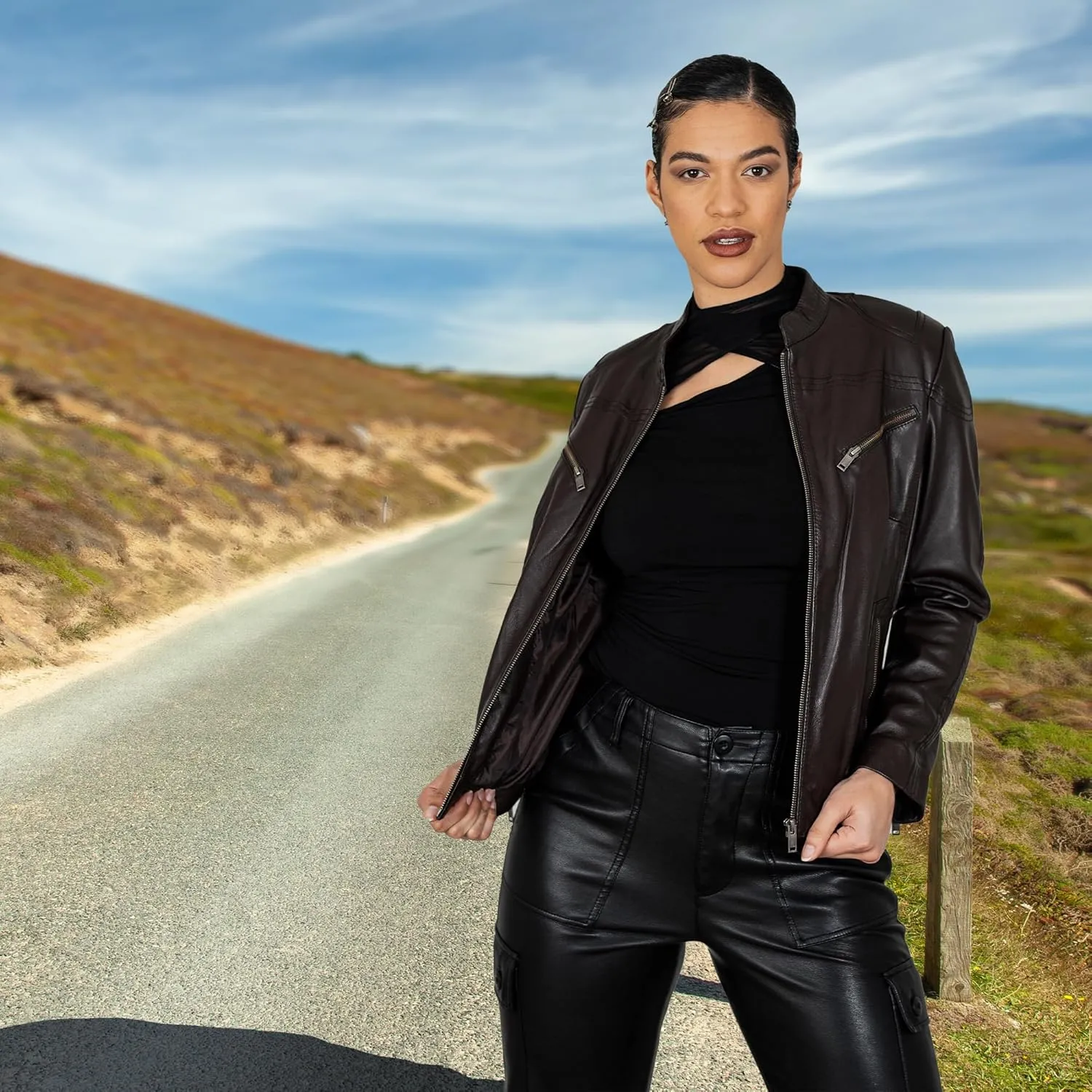 BRICK LANE Mandarin Collar Fitted Leather Jacket for Women | Genuine Lamb Nappa Leather Jacket with Zip Pockets