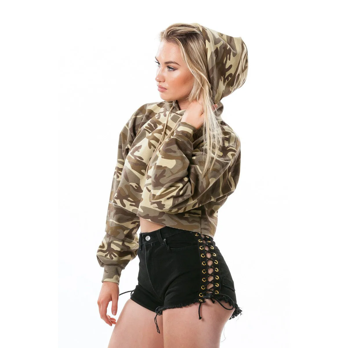 Camouflage Long Sleeves Hooded Crop Top Hoodie