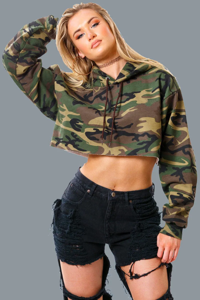 Camouflage Long Sleeves Hooded Crop Top Hoodie