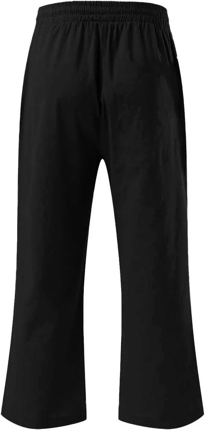 Capri Pants for Women Casual Summer Cotton Linen Capris Drawstring Elastic High Waist Pants Loose Cropped Trouser