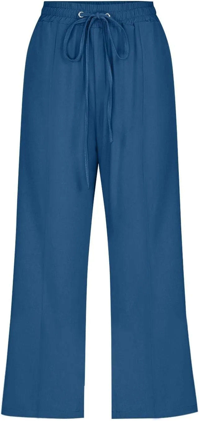 Capri Pants for Women Casual Summer Cotton Linen Capris Drawstring Elastic High Waist Pants Loose Cropped Trouser