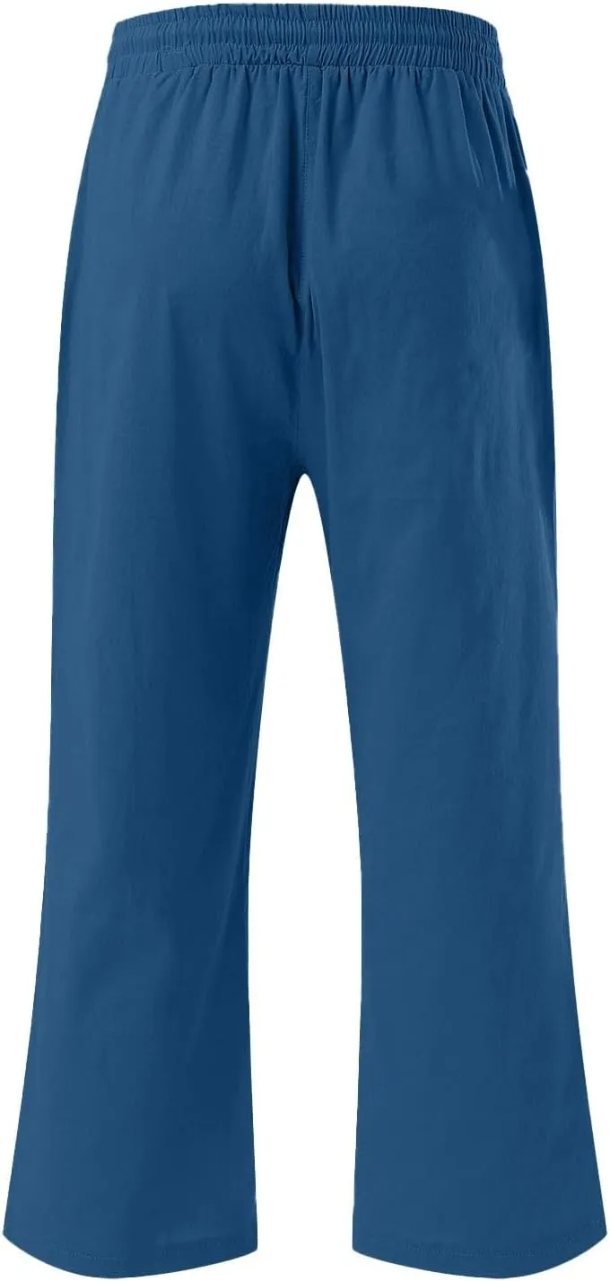 Capri Pants for Women Casual Summer Cotton Linen Capris Drawstring Elastic High Waist Pants Loose Cropped Trouser
