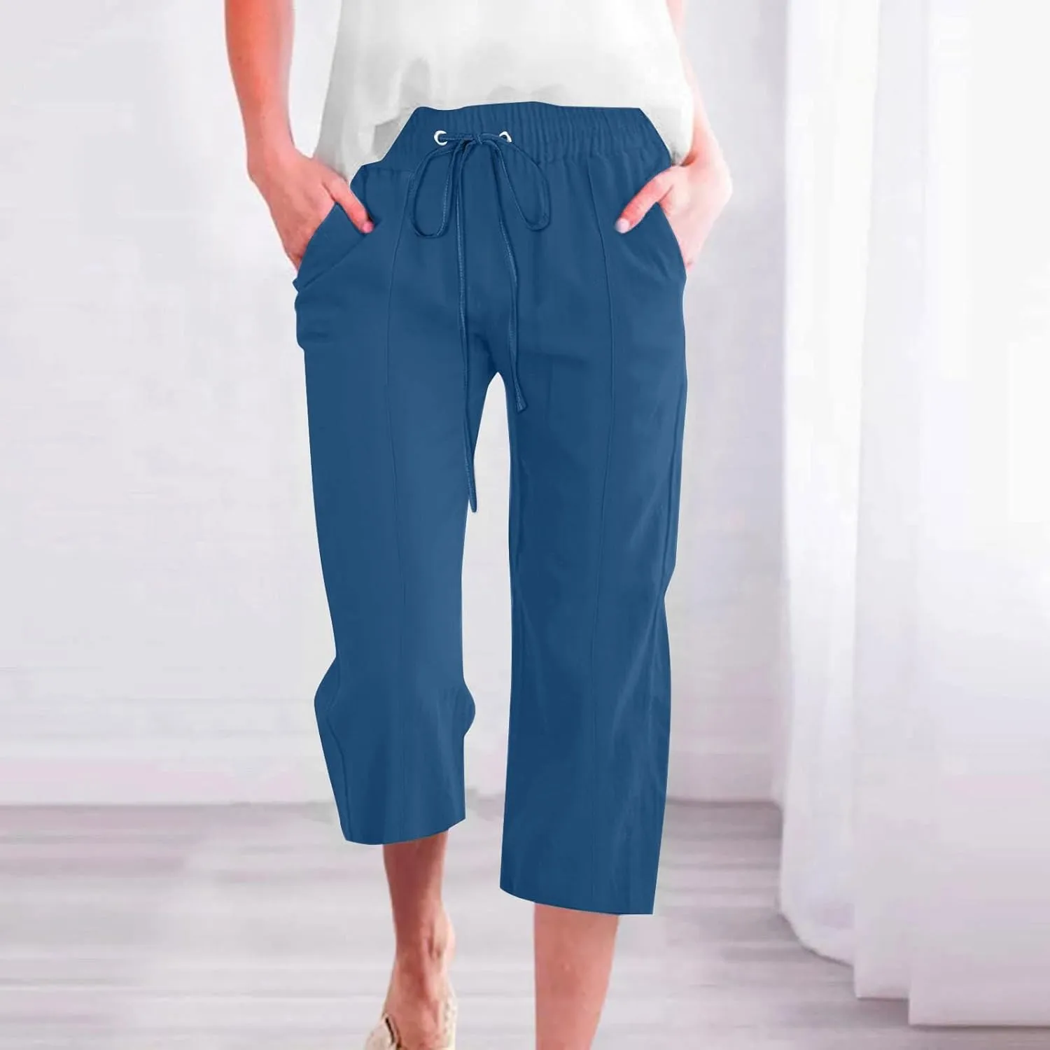 Capri Pants for Women Casual Summer Cotton Linen Capris Drawstring Elastic High Waist Pants Loose Cropped Trouser