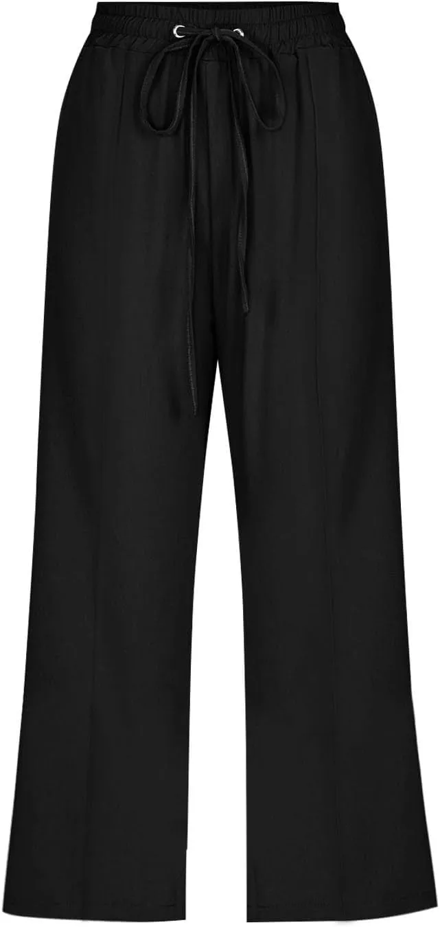 Capri Pants for Women Casual Summer Cotton Linen Capris Drawstring Elastic High Waist Pants Loose Cropped Trouser