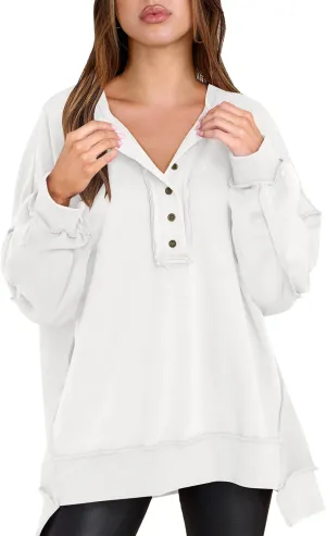 Caracilia Women's Oversized Sweatshirts Long Sleeve Henley Button Down Pullover Hoodies Tunic Tops 2025 Trendy Fall Clothes