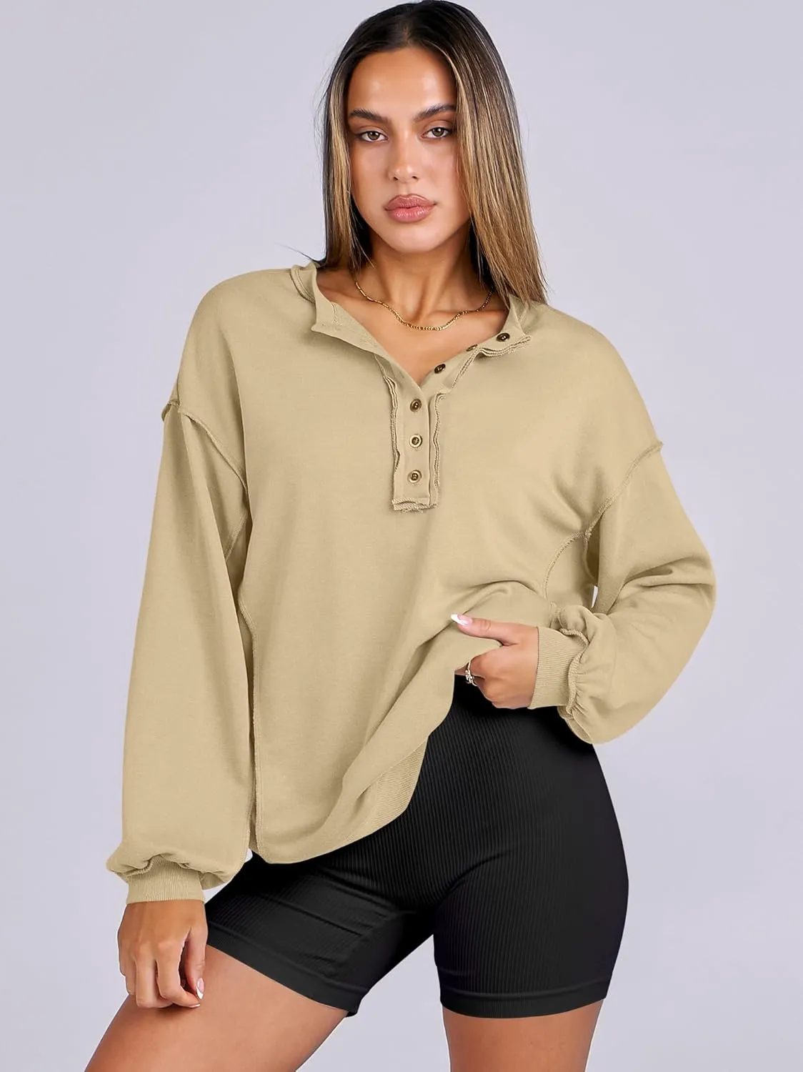Caracilia Women's Oversized Sweatshirts Long Sleeve Henley Button Down Pullover Hoodies Tunic Tops 2025 Trendy Fall Clothes