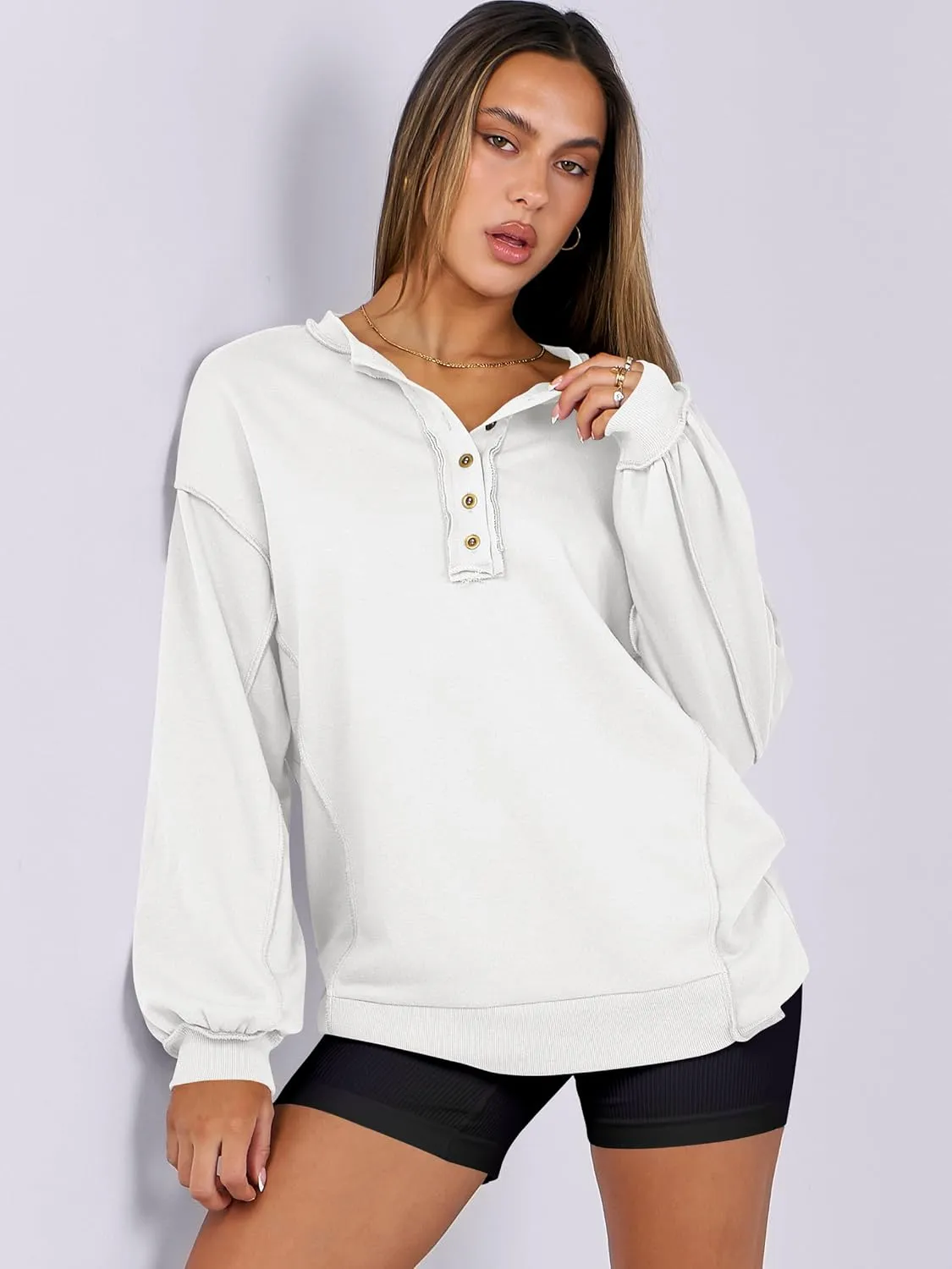Caracilia Women's Oversized Sweatshirts Long Sleeve Henley Button Down Pullover Hoodies Tunic Tops 2025 Trendy Fall Clothes