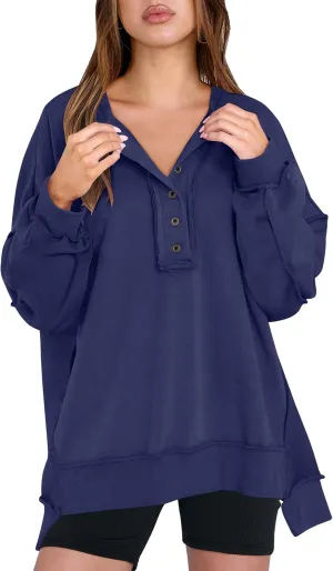 Caracilia Women's Oversized Sweatshirts Long Sleeve Henley Button Down Pullover Hoodies Tunic Tops 2025 Trendy Fall Clothes