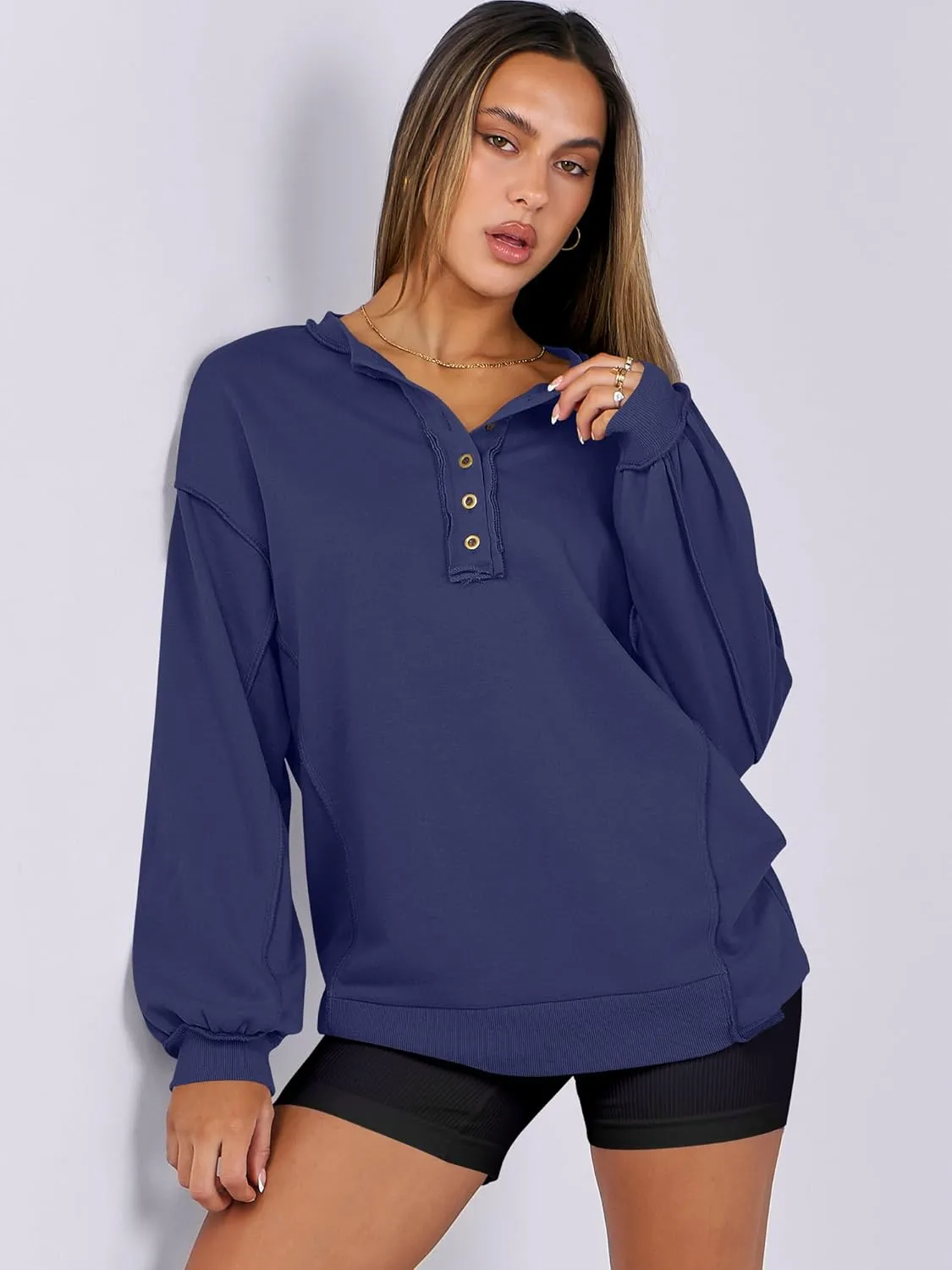 Caracilia Women's Oversized Sweatshirts Long Sleeve Henley Button Down Pullover Hoodies Tunic Tops 2025 Trendy Fall Clothes